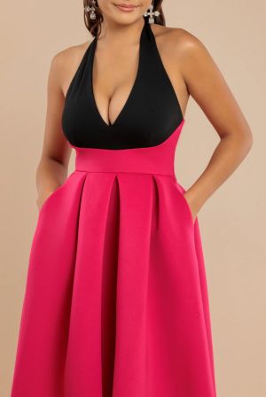 Elegant Contrast Midi Dress with Back Bow Detail