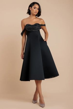 Black Bardot Midi Dress with Sparkle Chiffon Cowl