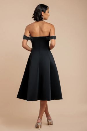 Black Bardot Midi Dress with Sparkle Chiffon Cowl