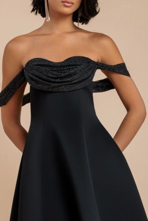 Black Bardot Midi Dress with Sparkle Chiffon Cowl