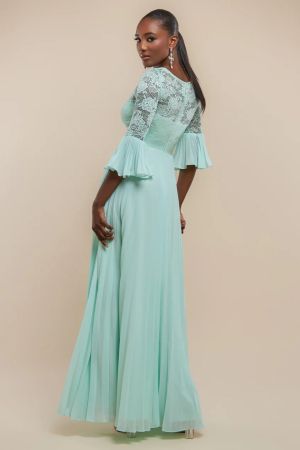 Mint Green Lace Bodice Pleated Chiffon Maxi Dress with Bell Sleeves