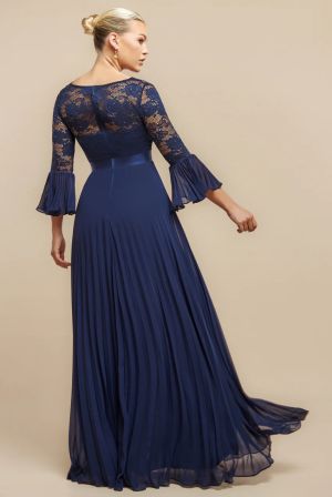 Dark Blue Lace Bodice Pleated Chiffon Maxi Dress with Bell Sleeves