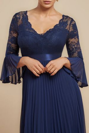 Dark Blue Lace Bodice Pleated Chiffon Maxi Dress with Bell Sleeves