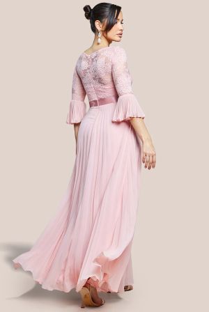 Powder Pink Lace Bodice Pleated Chiffon Maxi Dress with Bell Sleeves