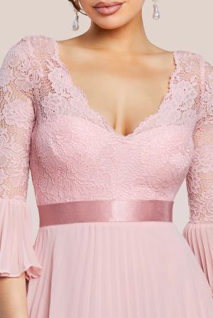 Powder Pink Lace Bodice Pleated Chiffon Maxi Dress with Bell Sleeves