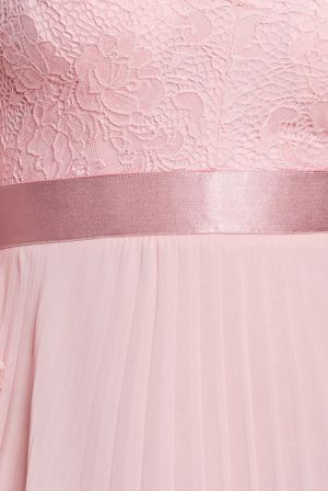 Powder Pink Lace Bodice Pleated Chiffon Maxi Dress with Bell Sleeves