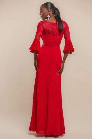 Red Lace Bodice Pleated Chiffon Maxi Dress with Bell Sleeves