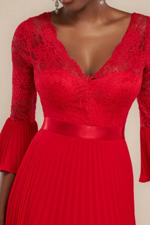 Red Lace Bodice Pleated Chiffon Maxi Dress with Bell Sleeves