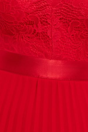 Red Lace Bodice Pleated Chiffon Maxi Dress with Bell Sleeves