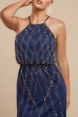Navy Blue Sequin Racer Neck Maxi Dress
