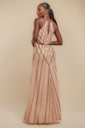 Beige Sequin Racer Neck Maxi Dress
