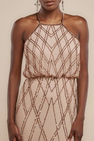 Beige Sequin Racer Neck Maxi Dress