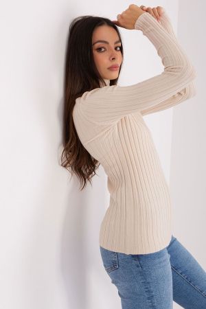 Beige Ribbed Turtleneck Sweater for Women