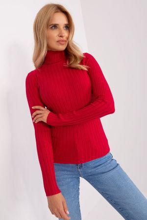 Red Ribbed Turtleneck Sweater for Women
