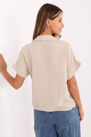 Beige Cotton Short Sleeve Shirt with Pocket