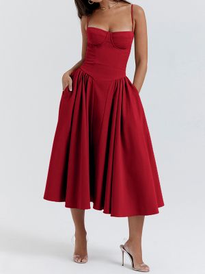 Elegant Red Midi Dress with Thin Straps and A-Line Skirt