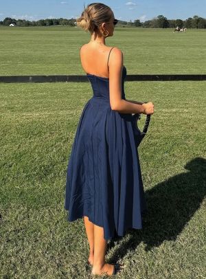 Elegant Dark Blue Midi Dress with Thin Straps and A-Line Skirt