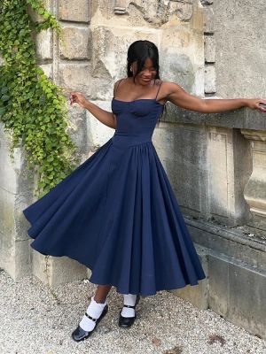 Elegant Dark Blue Midi Dress with Thin Straps and A-Line Skirt