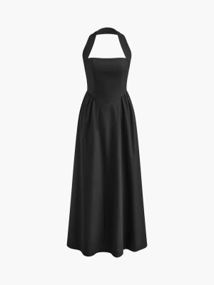 Black Halter Neck Dress with Flowy Skirt