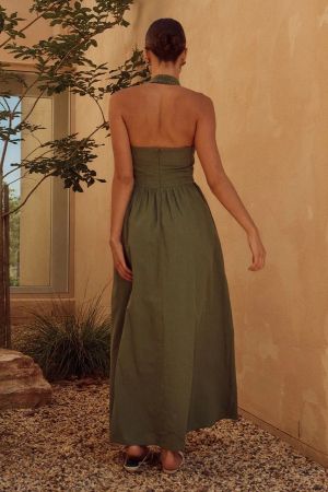 Green Halter Neck Dress with Flowy Skirt