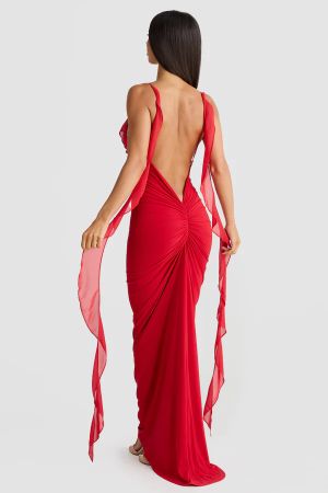 Red Open-Back Maxi Dress with Thin Straps and Ruffle Detail