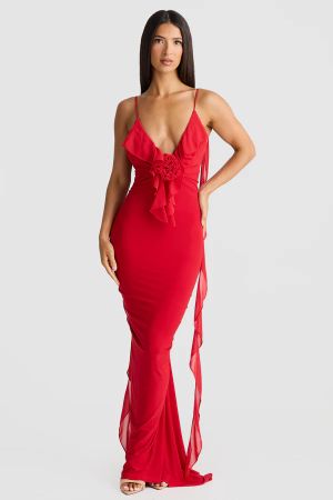 Red Open-Back Maxi Dress with Thin Straps and Ruffle Detail