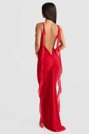 Red Open-Back Maxi Dress with Thin Straps and Ruffle Detail