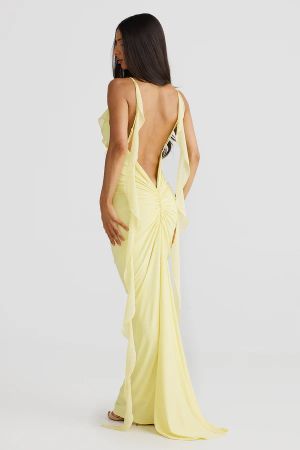 Yellow Open-Back Maxi Dress with Thin Straps and Ruffle Detail