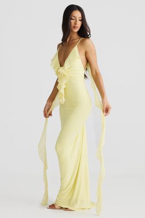 Yellow Open-Back Maxi Dress with Thin Straps and Ruffle Detail