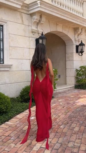 Red Open-Back Maxi Dress with Thin Straps and Ruffle Detail