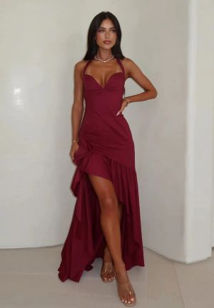 Burgundy Backless Dress with Halter Neck and Asymmetric Hem