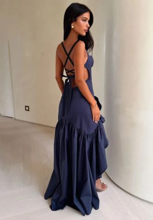 Dark Blue Backless Dress with Halter Neck and Asymmetric Hem