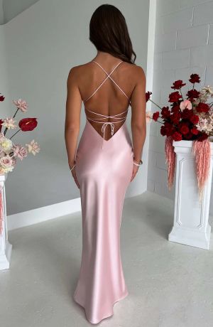 Elegant Pink Satin Maxi Dress with Open Back and Thin Straps