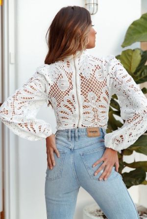 White Embroidered Cropped Blouse with Long Sleeves