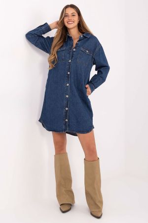 Women’s Long Sleeve Denim Dress - 100% Cotton, Dark Blue, Casual Style
