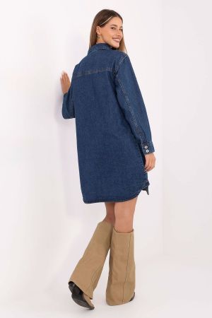 Women’s Long Sleeve Denim Dress - 100% Cotton, Dark Blue, Casual Style