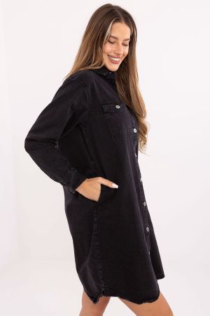 Women’s Long Sleeve Denim Dress - 100% Cotton, Black, Casual Style