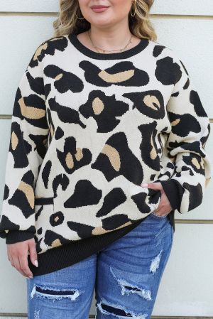 Plus Size Leopard Print Women's Sweater with Pockets