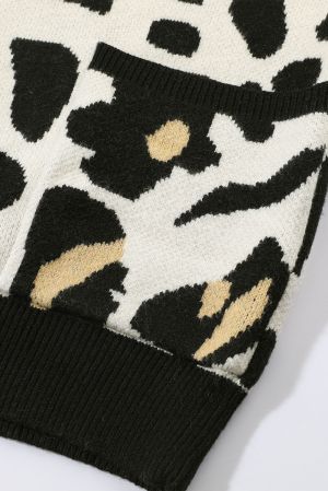 Plus Size Leopard Print Women's Sweater with Pockets