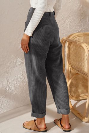 Gray Corduroy High Waist Straight Leg Pants, 100% Cotton