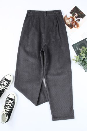 Gray Corduroy High Waist Straight Leg Pants, 100% Cotton