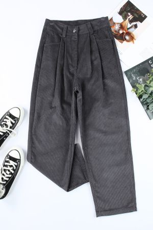 Gray Corduroy High Waist Straight Leg Pants, 100% Cotton