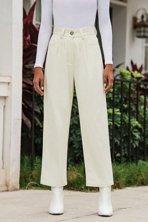 Light Beige Corduroy High Waist Straight Leg Pants, 100% Cotton