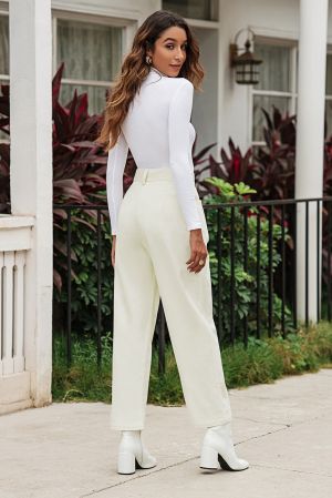 Light Beige Corduroy High Waist Straight Leg Pants, 100% Cotton