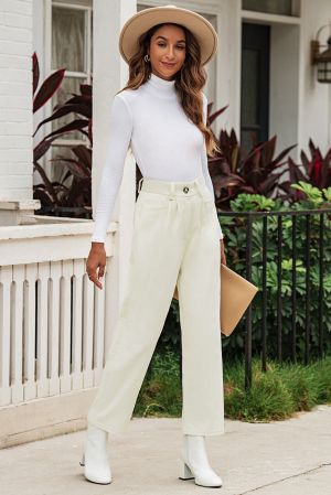 Light Beige Corduroy High Waist Straight Leg Pants, 100% Cotton