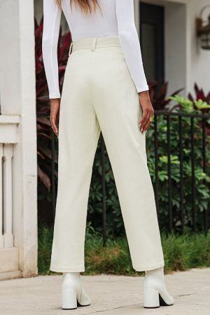 Light Beige Corduroy High Waist Straight Leg Pants, 100% Cotton