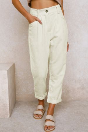 Light Beige Corduroy High Waist Straight Leg Pants, 100% Cotton