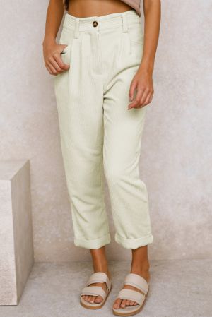 Light Beige Corduroy High Waist Straight Leg Pants, 100% Cotton