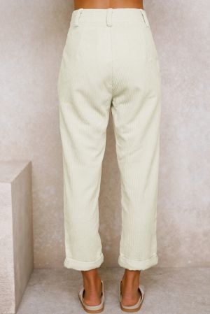 Light Beige Corduroy High Waist Straight Leg Pants, 100% Cotton