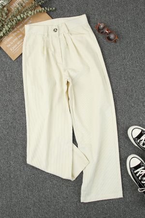 Light Beige Corduroy High Waist Straight Leg Pants, 100% Cotton